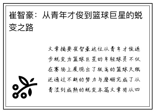 崔智豪：从青年才俊到篮球巨星的蜕变之路
