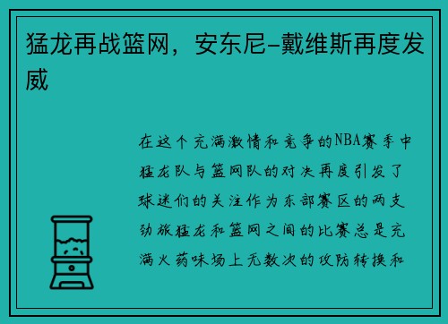 猛龙再战篮网，安东尼-戴维斯再度发威
